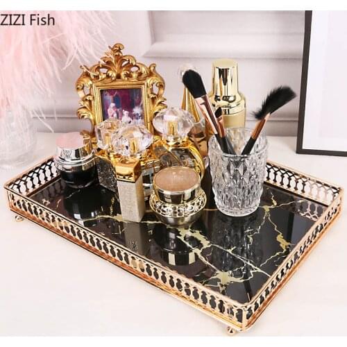 Light Luxury Marble Agate Pattern Square Metal Tray Pastry Tea Tray Skin Care Products Beauty Skin Care Storage Tray Home Decor