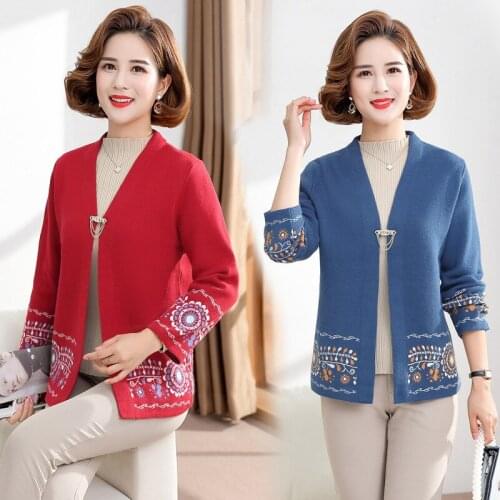 Middle-aged Female Sweater And Cardigan 2021 New Womens Spring Autumn Printing Coat Middle-aged Mother Loose Knitted Top A1475