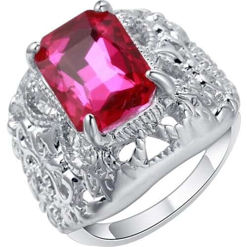 UFOORO Hollowed Red Pink Charm Wedding Rings With Full Shiny Green CZ Wholesale Silver Fashion Jewelry Free Shipping Hollow