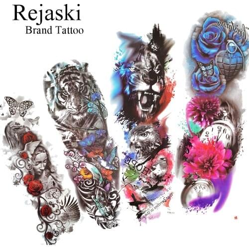 Rejaski Cool Tiger Flower Face Waterproof Temporary Tattoo Stickers For Women Men Girls Boys Large Full Arm Tattoo Paper Rose