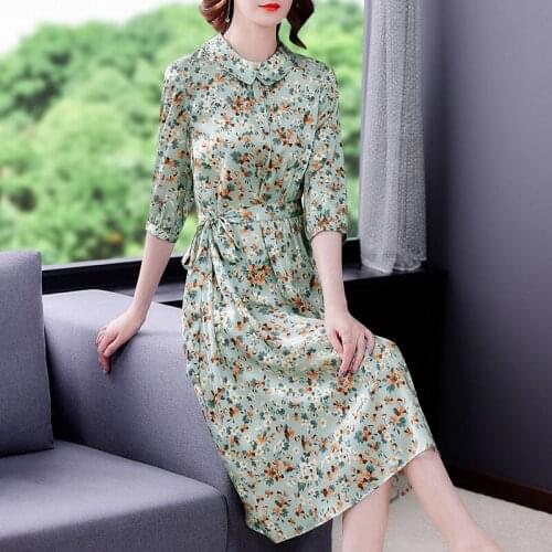 Summer Fashion Print Mulberry Silk Satin Midi Dress 2021 Vintage 3XL Plus Size Floral Dress Women Elegant Bodycon Party Vestidos