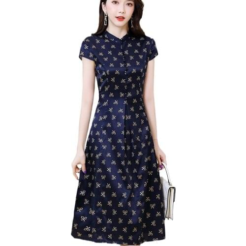 Blue Silk Floral Midi Dress Female Short Sleeve Elegant Printed Long Dresses for Women 2021 Summer New Design