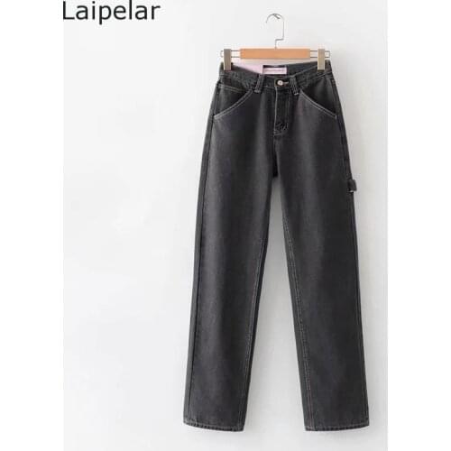 2020 New Womens Fashion Black Jeans High-Waisted Open-Line Loose and Thin Straight Long Jeans All-Match Casual Denim Trousers