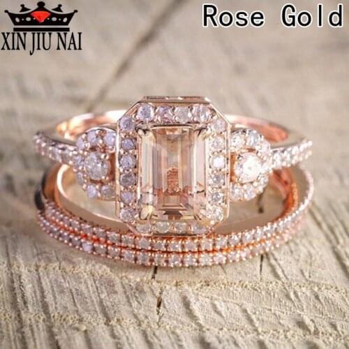 3 Pieces / Set Ring Set Fashionable Rose Gold Lady High Quality Zircon Engagement Ring Birthday Party Women Jewelry Gift