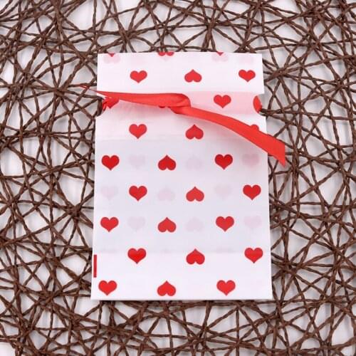 5pcs/lot Red Heart White Plastic Drawstring Bag with ribbon Candy Bags Birthday Party Wedding Decor Christmas chocolate Gift bag