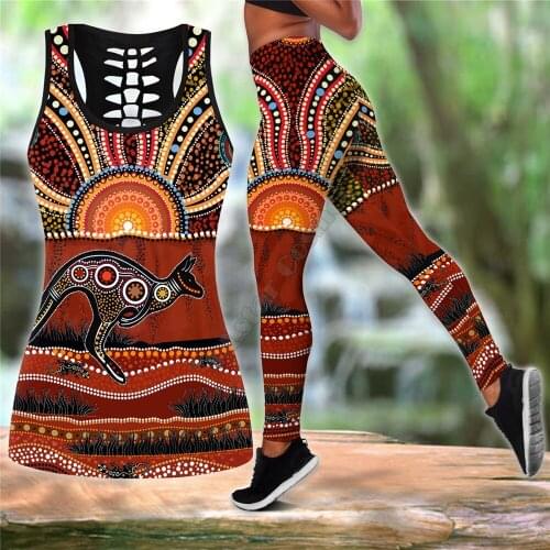 Aboriginal Kangaroo running Australia Art Combo Legging Tank Suit Yoga Fitness Soft Legging Summer Women For Girl