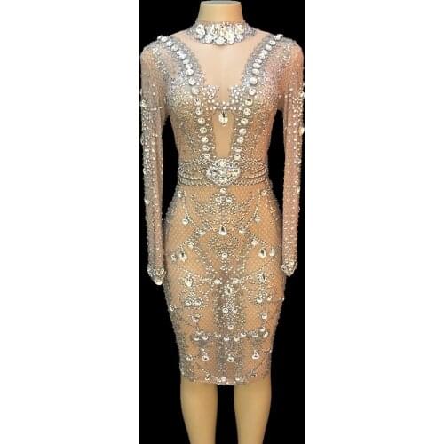 Sparkly Silver Crystals Mesh Dress Women Evening Birthday Prom Party Dresses Sexy Club Outfit Singer Stage Performance Costume