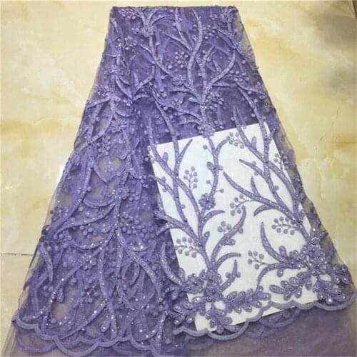Purple 2019 High Quality French 3D Tulle Beaded African Lace Fabric Sequins Embroidered Nigerian Lace Fabrics For Wowen Dress