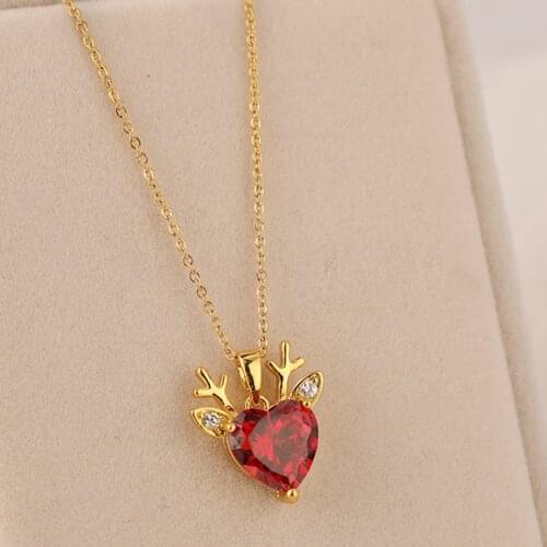 Exquisite Luxury Red Heart Shape Zircon Crystal Antlers Pendant Women Necklaces Female Trendy No Fade Stainless Steel Jewelry