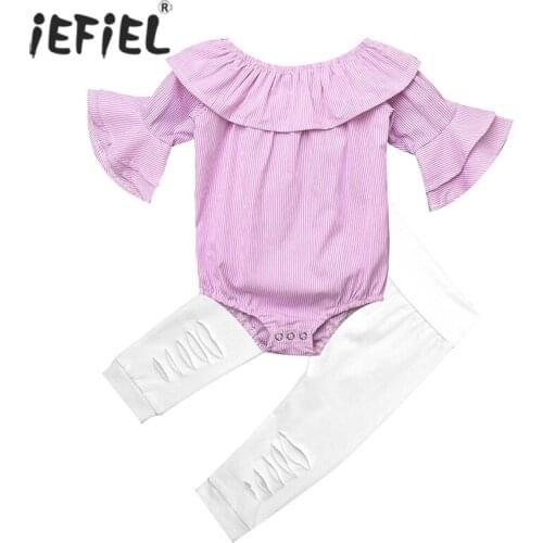 0-12M 2Pcs Baby Girl Outfits Newborn Girls Pink Stripe Ruffle Off Shoulder Romper +White Ripped Jeans Pants Babys Set