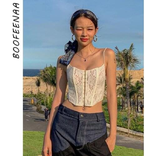 BOOFEENAA White Lace Crop Tops for Women Fashion E Girl Clothes Sexy Corsets To Wear Out Club Cami Tank Top 2021 C98-BH11