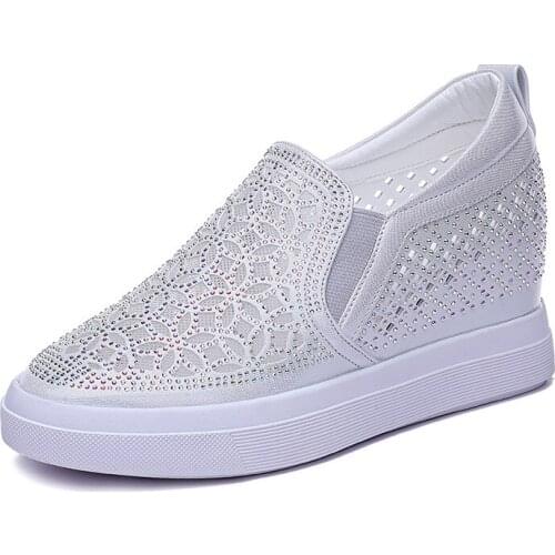 Bling Sneakers Women Casual Platform Trainers Silver Black Shoes 6CM Heels Ladies Wedges Sneaker Woman Height Increasing Shoe