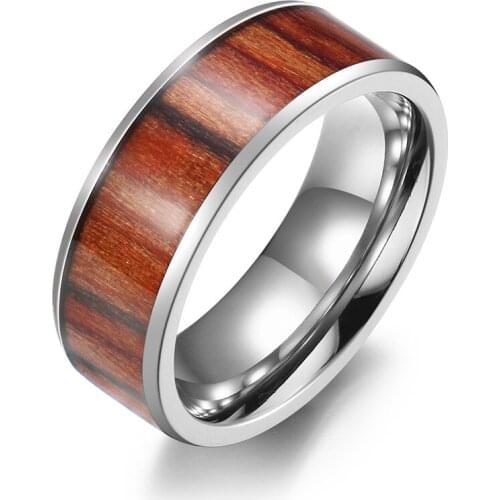 Fashion Wood Veneer Band Rings Stainless Steel Tail Ring for Men Wedding Engagement Beauty Jewelry US Size 6-12