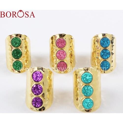 BOROSA 5PCS Wholesale Gold Plated Three Round Titanium Dark Rainbow Druzy Band Ring Mixed Drusy Rings Fashion Jewelry ZG0366