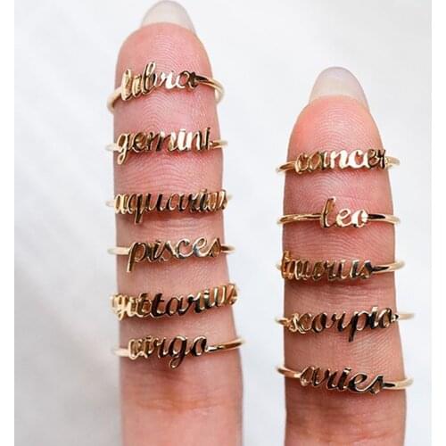 Minimalist thin Open Gold 12 Star Signs Finger Rings Birthday Friendship Jewelry Gift Personality Custom Zodiac Rings For Women