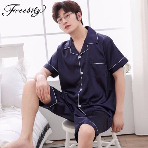 Spring Summer Men Faux Silk Pajamas Set Simple Pure Color Leisure Nightwear Short Sleeves Satin Sleepwear