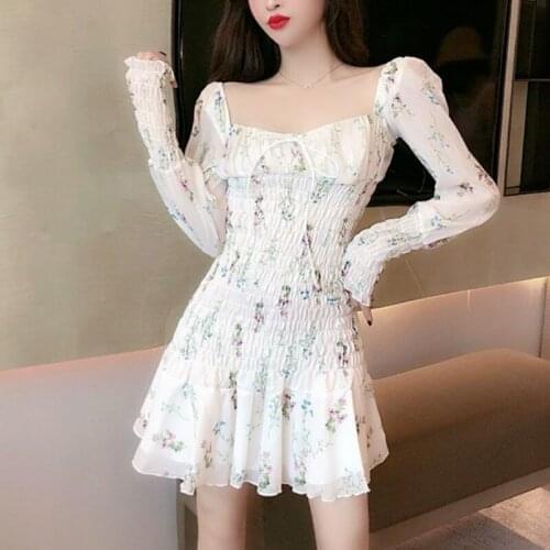 Spring Floral Dress Women Elegant Kawaii Print Chiffon Party Mini Dress Female Sexy French Casual Bandage Korean Dress 2021 New