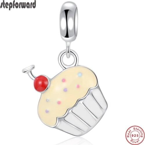 Popular Sweet Cake Fashion Design 925 Sterling Silver Good Quality Cherry Cake Hanging Charm For Bracelet Bangles & Necklace