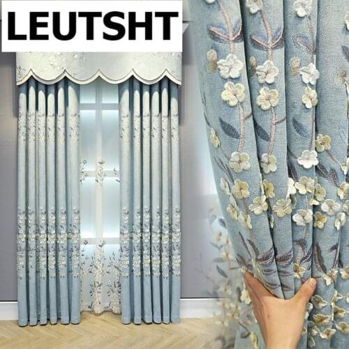 European-style Curtains for Living Dining Room Bedroom Embossed Curtains Fresh Gray Blue Chenille Curtains Valance Curtains