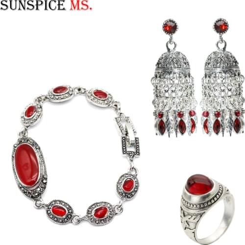 Sunspicems Antique Silver Color Red Bohemia Earring Bracelet Ring 3pcs Jewelry Set for Women Indian Wedding Banquet Bridal Gift