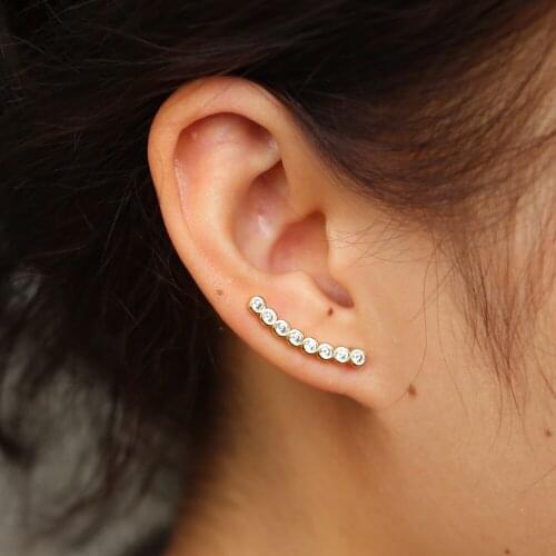 Trendy Gold Color Crystal CURVED bar Stud Earrings for Women Ear Climber Earring Line shape thin round cz earring for women