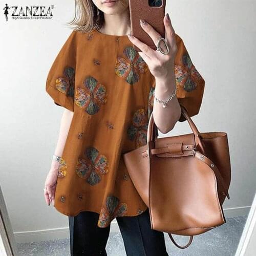 Kaftan Print Tops Womens Summer Blouses ZANZEA 2021 Puff Sleeve Blusas Femlae O Neck Tunic Female Floral Chemise Top Oversized