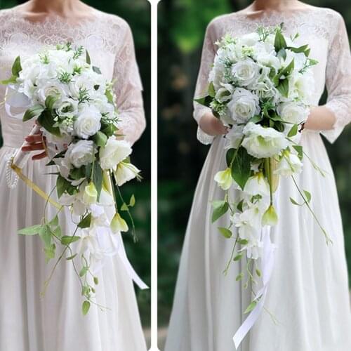 Women White Wedding Flowers Bridal Bouquets Artificial Rose Holder 2021