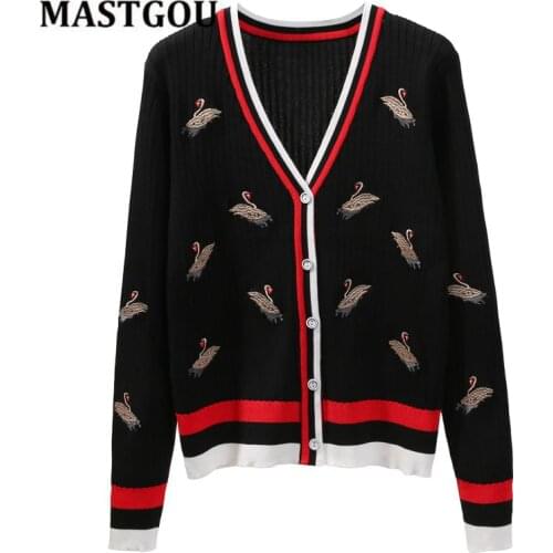 MASTGOU Women Vintage Knit Cardigan With Embroidery Long Sleeves V-neck Ribbed Trims Cardigan Female Elegant Sweater Outerwear
