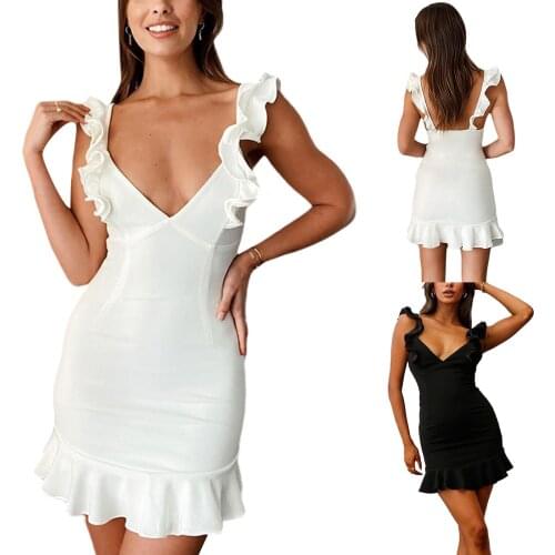 Women Summer Ruffled Dress Adults Sleeveless Backless Solid Color V-neck