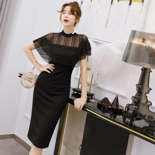 S-XL Big Size Mesh Patchwork 2020 New Korean Dress Women Short Sleeve Sheer Sexy Dresses Ladies See Through Bodycon Black Dress