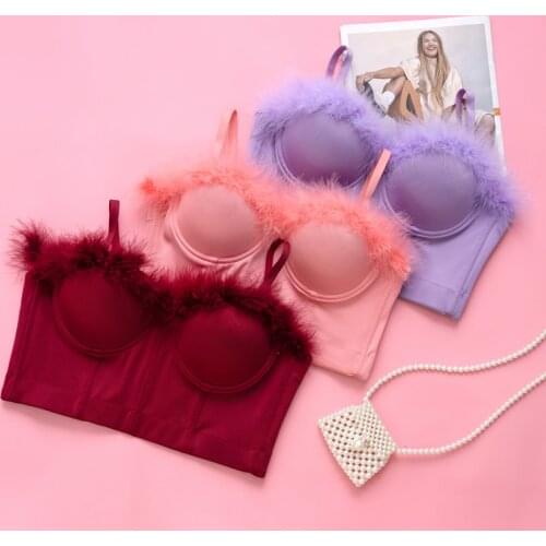 2021 New Ladies Plush Camisole Tops Real Fur Solid Color Sexy Gathered Underwear Fish Bone Bra Nightclub Party Tank Top Y908
