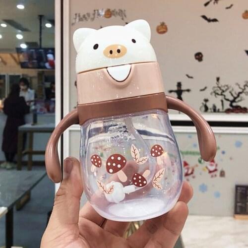 270ml Drinking Wide Mouth Feeding Bottle Water with Handles Silicone Straw Training Milk Babies Suction Cups Leakproof