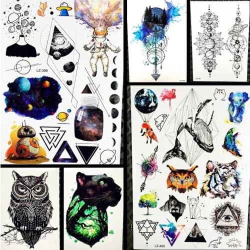 Watercolor Planet Geometry Cosmos Galaxy Astronaut Fake Flash Temporary Tattoo Arm Sleeve Celestial Body Star Tattoo Sticker Men
