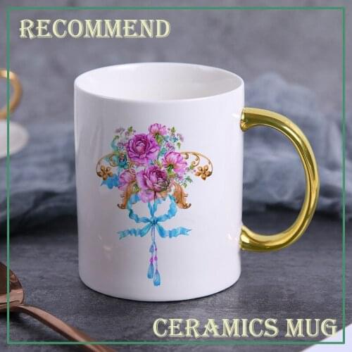 White ceramics mug Flower tassel mugs friends кружка Gold handle coffee cup milk cups drinkware Creative Gift KTZW-065