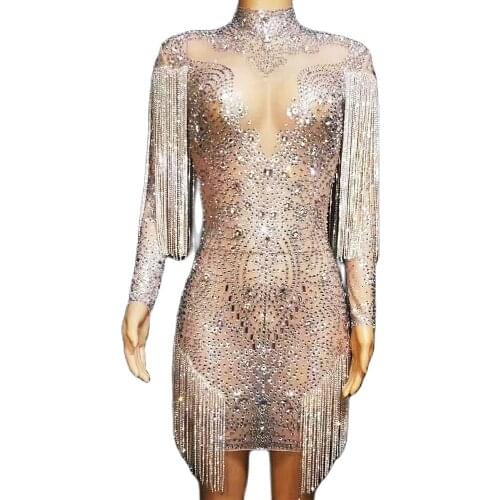 Shining Full Of Diamonds Silver Chain Fringes Backless Dresses Tight Stretch Mesh Perspective Women Dresses Nightclub Costumes