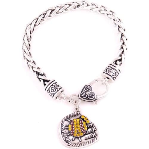 Bracelet For Women And Men Baseball Shape Design With Beautiful Crystal Wheat Link Chain Sports Style Bangle Dropshipping