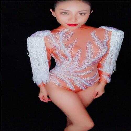 D76 Ballroom dance stage costumes pole dance wears women sexy bodysuit tassel crystals jumpsuit singer dress Rhinestone cloth dj