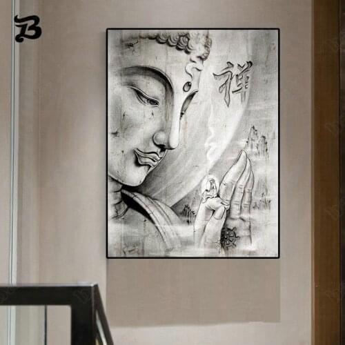 Canvas Painting Buddha Wall Art Abstract Black White Religion Buddha Statue Painting Canvas Posters Wall Picture for Living Room