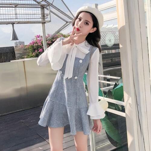 Ruffles Korean Women dress Chiffon Patchwork Flare Sleeve Bow High Waist one-piece Dresses 3187
