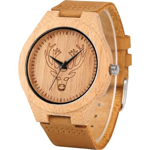 Carving Elk Design Bamboo Wood Men Watch Hot Fashion Natural Wooden Quartz Genuine Leather Wristwatch Top Christmas Clock Gift