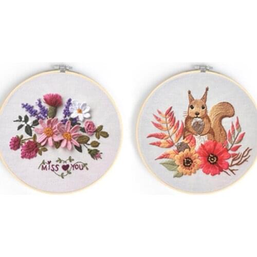 2 sets Fabric Floral Embroidery DIY Kit With 2 Embroidery Hoop Embroidery Tools Set
