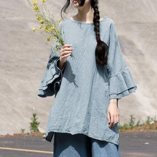 NINI WONDERLAND 2021 Autumn Butterfly Sleeve Cotton Linen Loose T Shirt Women Solid Color Casual Tops Mori Girl Style Tshirts
