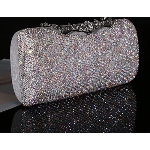 Luxury Women Crystal Handbags Genuine Leather Clutch Evening Bag Black Wedding Bride Chain Purse Ladies Crossbody Shoulder Bags