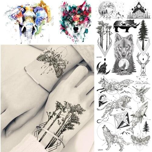 Sexy Black Pine Tree Forest Wolf Geometric Custom Tattoos Stickers Women Body Neck Arm Fake Men Temporary Tatoos Moon DIY Tattoo