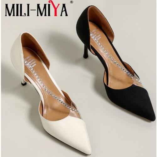 MILI-MIYA Fashion Sexy Pointed Toe Super High Thin Heels Women Cow Leather Pumps Slip On Crystal Dress Party Shoes Plus Size