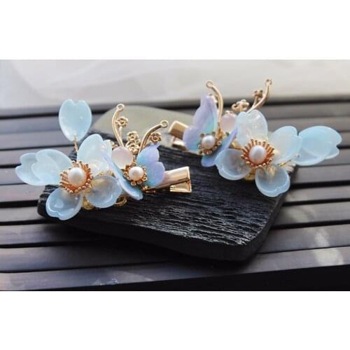 New Design Light Blue Flower Hairpin Butterfly Hair Pin Wedding Hair Accessories For Girl Vintage Hair Clip Handmade Jewelry
