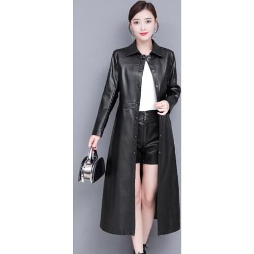 Women Pu Leather X-Long Jacket Streetwear Ladies Faux Sheepskin Single Breasted Trench Coat Plus Size Female Outwear Windbreaker