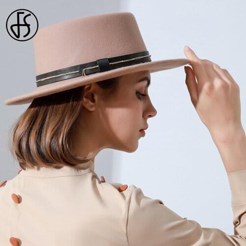 FS Fashion Wool Felt Flat Dome Fedoras Caps With Belt Big Brim Hats For Women Bride Wedding Church Hats Lady Derby Cloche Cap