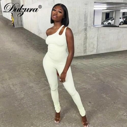 Dulzura Solid Women One Shoulder Jumpsuit Sleeveless Hollow Out Bodycon Sexy Sporty Casual 2021 Summer Rompers Fitness