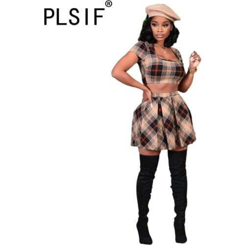 Plaid Print 2 Pieces Crop Top And Mini Skirt Suit Full Sleeve Two Pieces Outfits Lady Club Tracksuit